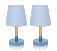 Aigostar 2 Pezzi Lampada da Tavolo, Piccola Lampada da Comodino Moderna in Legno, Lampada da Scrivania con Paralume in Tessuto Blu e Base in Metallo Portalampada E14, Vintage per Camera, Soggiorno