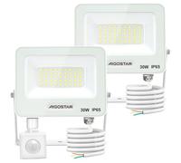 Aigostar 30W Faretto LED da Esterno con Sensore di Movimento，2 pezzi， Bianco，2750 LM，Bianco Freddo 6500K，IP65 Impermeabile Faretti Led per Interno，Giardino，Cortile，Patio，Garage