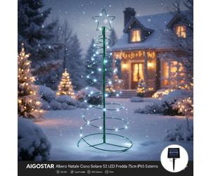 Aigostar Albero Natale Cono Solare 52 LED Luce Fredda 75cm IP65 Esterno