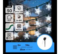 catena luminosa solare con stelle e fiocchi di neve 50 led 10mt - 6500k luce fredda bianca - 8 giochi di luce - ip65 da esterno