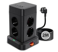 Aigostar Ciabatta Multipresa Verticale con 8 Prese e 2 USB C(Max 5V/3.4A) e 2 USB A, Protezione Sovratensione, 3680W, 1 Interruttore, 2M Cavo, Spina Tedesca, Nero