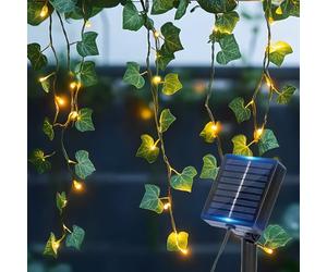 Aigostar Edera Artificiale Catena Luminosa Solare 3M+1M*1M, 70 LED Cascata Luci da Esterno Solari IP65, ghirlanda di edera a energia solare 8 modalità per casa, finestra, matrimonio. Luce Calda