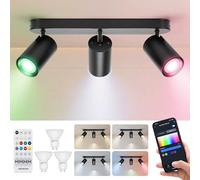 Aigostar Faretti da Soffitto Orientabili Intelligente LED Compatibile con Alexa Bluetooth Mesh, Plafoniera Dimmerabile RGB+CCT 2700K-6500K, GU10 4.9W Faretto da Parete 3 Luci per Soggiorno Cucina