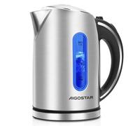 Aigostar King - Bollitore Acqua Elettrico in Acciaio inox 100% con Indicatore illuminazione blu del livello dell'acqua, 2200 Watt, Capacità 1,7 litri, Spegnimento Automatico, Senza BPA