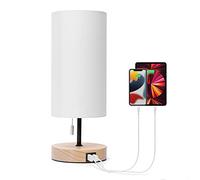 Aigostar Lampada da Comodino con 2 Porte di Ricarica USB, Lampada da Tavolo E27 con Interruttore a Tirare, Base in Legno, Lampada da Scrivania per Soggiorno, Camera da letto, Ufficio - Bianca