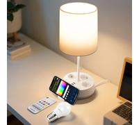 Aigostar - Lampada da Comodino Intelligente Compatibile con APP, Lampada da Tavolo in Tessuto, 2700K-6500K e RGB Regolabile, con 3 Prese (Tipo F), 3 Porte di Ricarica Rapida, Telecomando, Bianco
