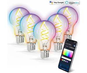 Aigostar Lampadina Filamento LED Smart E27 4.9W RGBW A60 WiFi Vetro 5 PEZZI