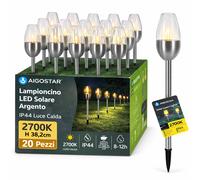 Aigostar Lampioncino LED Solare Argento IP44 Luce Calda 2700K H 38,2cm 20 Pezzi