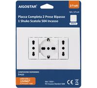 Aigostar Placca Completa 2 Prese Bipasso 1 Shuko Scatola 504 Incasso 5 Pezzi