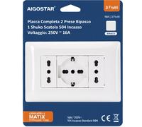 Aigostar Placca Completa 2 Prese Bipasso 1 Shuko Scatola 504 Incasso 5 Pezzi