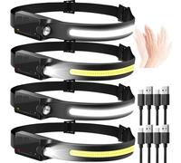 Aigostar Torcia Frontale Led Ricaricabile, 4 Pezzi,Lampada da testa con Sensore di Movimento,6 Modalità di Luce,230° Angolo Ampio, USB-C, Leggero (0.14 lb) per Campeggio,Corsa,Ciclismo,Pesca