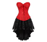 AIGOUT Set corsetto da donna con gonna e gonna in raso, corsetto a lisca di pesce, vintage, corto, jacquard, gotico, cosplay, per feste, matrimoni, Halloween (rosso, 5XL)