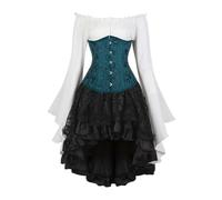 AIGOUT Set corsetto vintage in broccato broccato sotto il seno, camicetta da pirata, gonna gotica, corpetto con maniche a campana per costume di Halloween (verde scuro, M)