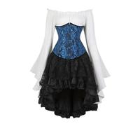 AIGOUT Set corsetto vintage in broccato broccato sotto il seno, camicetta da pirata, gonna gotica, corpetto con maniche a campana per costume di Halloween (nero blu, XXL)