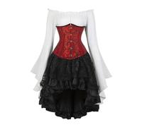 AIGOUT Set corsetto vintage in broccato broccato sotto il seno, camicetta da pirata, gonna gotica, corpetto con maniche a campana per costume di Halloween (rosso nero, XS)