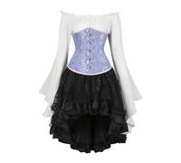 AIGOUT Set corsetto vintage in broccato broccato sotto il seno, camicetta da pirata, gonna gotica, corpetto con maniche a campana per costume di Halloween (blu, XS)