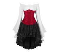 AIGOUT Set corsetto vintage in broccato broccato sotto il seno, camicetta da pirata, gonna gotica, corpetto con maniche a campana per costume di Halloween (rosso vino, S)