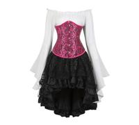 AIGOUT Set corsetto vintage in broccato broccato sotto il seno, camicetta da pirata, gonna gotica, corpetto con maniche a campana per costume di Halloween (rosa nero, XL)