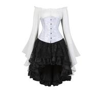 AIGOUT Set corsetto vintage in broccato broccato sotto il seno, camicetta da pirata, gonna gotica, corpetto con maniche a campana per costume di Halloween (bianco, XXL)