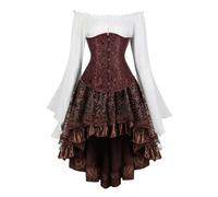 AIGOUT Set corsetto vintage in broccato broccato sotto il seno, camicetta da pirata, gonna gotica, corpetto con maniche a campana per costume di Halloween (marrone, 4XL)