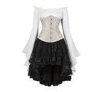 AIGOUT Set corsetto vintage in broccato sotto il seno, camicetta da pirata, gonna gotica, corpetto con maniche a campana per costume di Halloween (beige, S)