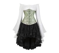 AIGOUT Set corsetto vintage in broccato sotto il seno, camicetta da pirata, gonna gotica, corpetto con maniche a campana per costume di Halloween (verde, XXL)