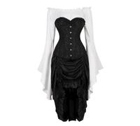 AIGOUT Set da 3 pezzi con corsetto gotico con camicia, gonna, corsetto jacquard, gonna in pizzo, gonna lunga da pirata, steampunk, vampiro, rinascimentale, costume da donna (nero bianco, L)