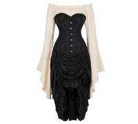 AIGOUT Set di 3 pezzi con corsetto gotico con camicia, gonna, corsetto jacquard, gonna in pizzo, gonna lunga da pirata, steampunk, vampiro, rinascimentale, costume da donna (nero, XS)