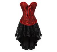 AIGOUT Set di corsetto da donna con gonna e gonna in raso, corsetto a lisca di pesce, vintage, corto, jacquard, gotico, cosplay, per feste, matrimoni, Halloween (rosso scuro, XS)