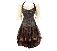 AIGOUT Set di corsetto gotico steampunk, da donna, bustino in finta pelle, con camicetta da pirata e gonna steampunk, set con abito retrò sul petto (marrone, L)