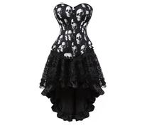 AIGOUT Set di corsetto steampunk, da donna, due pezzi, vintage, in raso, corsetto a lisca di pesce, abito gotico alla moda (teschio, XS)