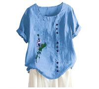 AIGOUT Summer Linen Tops for Women UK Bohemian Boho Tops Short Sleeve Linen Top Girocollo Blouse Oversized Shirts Loose Plus Size Tunic Top Casual Solid Elegant Baggy Tshir (2, M)