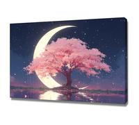 AIHNBF Albero di ciliegio da parete con luna falce anime estetica giardino giapponese rosa Sakura paesaggio notte cielo decorazione per camera da letto soggiorno senza cornice moderna 50 x 75 cm