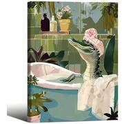 AIHNBF Alligator in vasca da bagno, divertente stampa di animali, decorazione per il bagno tropicale, stravagante, opera d'arte moderna, verde, naturale, illustrazione 50 x 75 cm