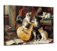 AIHNBF Gattino suonare chitarra tela tela tela affascinante gatto stampa animale per soggiorno camera da letto decorazione musica vintage opera d'arte 50 x 75 cm
