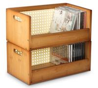 AIHSUMC Set di 2 scatole portaoggetti in bambù impilabili per CD, organizer per custodie per film, DVD, espositori per cassette, supporti per dischi con maniglie per il trasporto