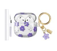 AIIEKZ Custodia compatibile con AirPods 4 2024, in morbido TPU con grazioso motivo floreale per AirPods di 4a generazione, con portachiavi a fiore e kit di pulizia, per ragazze e donne (viola)