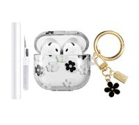 AIIEKZ Custodia compatibile con AirPods 4 2024, in morbido TPU con motivo floreale carino per AirPods di quarta generazione, con portachiavi a fiore e kit di pulizia, per ragazze e donne (nero)