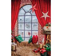 AIIKES 5x7FT Natale Fondali Inverno Interno Finestra Tenda Stella Rosso Cuscino Verde Regalo Tappeto Sfondo Natale Famiglia Decorazione per Feste Fotografia Photo Booth Studio Puntelli 11-685