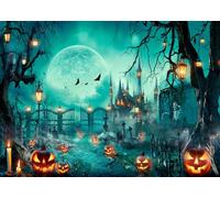 AIIKES 7x5FT Halloween Sfondo Halloween Tema Festa Fotografia Sfondo Horror Notte Luna Piena Castello Cimitero Zucca Zombie Sfondo XY70
