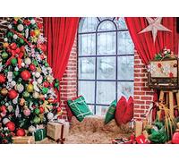 AIIKES 7x5FT Natale Fondali Inverno Interno Finestra Tenda Stella Rosso Cuscino Verde Regalo Tappeto Sfondo Natale Famiglia Decorazione per Feste Fondali Fotografia Photo Booth Studio Puntelli 11-699