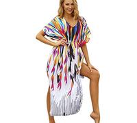 AiJump Donna Cotone Caftan Vestito Lungo da Spiaggia Abito Maxi Parei Costume da Bagno Cover Up (Taglia Unica, Multicolor 4)