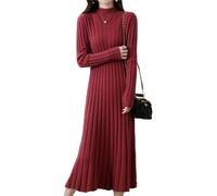 Ailaile 100% lana maglione vestito donna collo alto Pit strisce slim scollo a V manica lunga Pullover A-line abito lavorato a maglia, Oro rosso., L