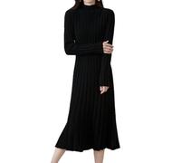 Ailaile 100% lana maglione vestito donna collo alto Pit strisce slim scollo a V manica lunga Pullover A-line abito lavorato a maglia, nero, L