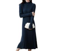 Ailaile 100% lana maglione vestito donna collo alto Pit strisce slim scollo a V manica lunga Pullover A-line abito lavorato a maglia, Blu inchiostro, L