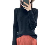 Ailaile 100% lana merino maglione donna autunno inverno collo a lupetto maniche lunghe scanalatura striscia pullover caldo morbido maglia top, nero, L