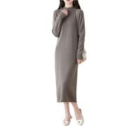 Ailaile 100% lana merino maglione vestito donna manica lunga collo a lupetto maglione a costine autunno inverno maglia lungo top, Grigio pietra., L