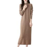 Ailaile 100% lana merino maglione vestito donna manica lunga collo a lupetto maglione a costine autunno inverno maglia lungo top, Cammello, L