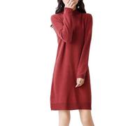 Ailaile 100% lana merino maglione vestito donna manica lunga collo lupetto pullover autunno inverno lavorato a maglia maglione lungo, Rosso, M
