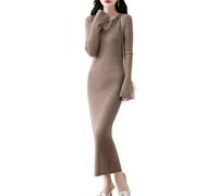 Ailaile 100% lana merino maglione vestito donna manica lunga lavorato a maglia scollo a V pullover autunno inverno slim top lunghi, Cammello, L